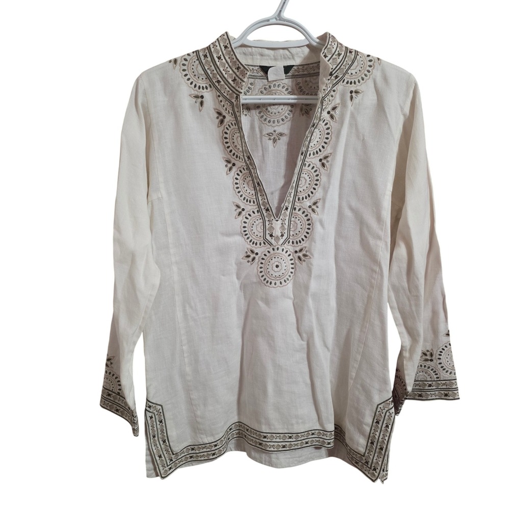 J. Crew White 100% Linen Embroidered Sequin Tunic Top Split Neck Womens Medium